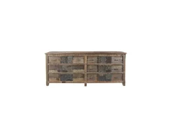 Commode basse apothicaire 195cm "Népalaise" en bois recyclé 6 tiroirs