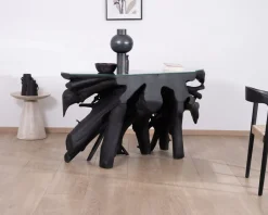 Console 150 cm en racine de teck teintée noir avec plateau verre "Jungle"