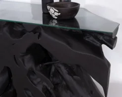 Console 150 cm en racine de teck teintée noir avec plateau verre 