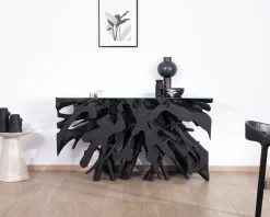 Console 150 cm en racine de teck teintée noir avec plateau verre 