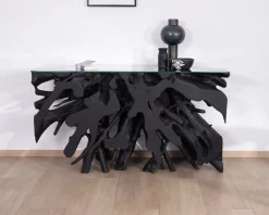 Console 150 cm en racine de teck teintée noir avec plateau verre 