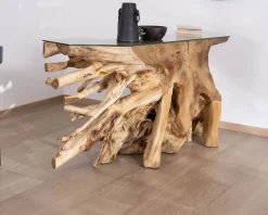 Console en racine de teck naturel avec plateau verre "Jungle"