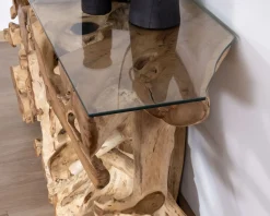 Console en racine de teck naturel avec plateau verre 