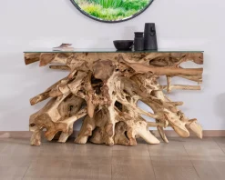Console en racine de teck naturel avec plateau verre 