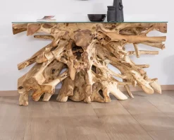 Console en racine de teck naturel avec plateau verre 
