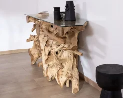 Console en racine de teck naturel avec plateau verre 