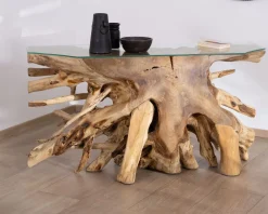 Console en racine de teck naturel avec plateau verre 