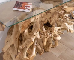 Console en racine de teck naturel avec plateau verre 