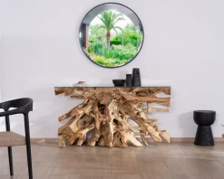 Console en racine de teck naturel avec plateau verre 