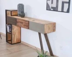 Console moderne design avec rangements bois métal et ciment "Mezzo"