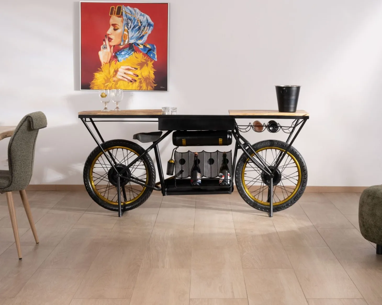 Console moto vintage ultra originale bois et métal noir "Crazy"
