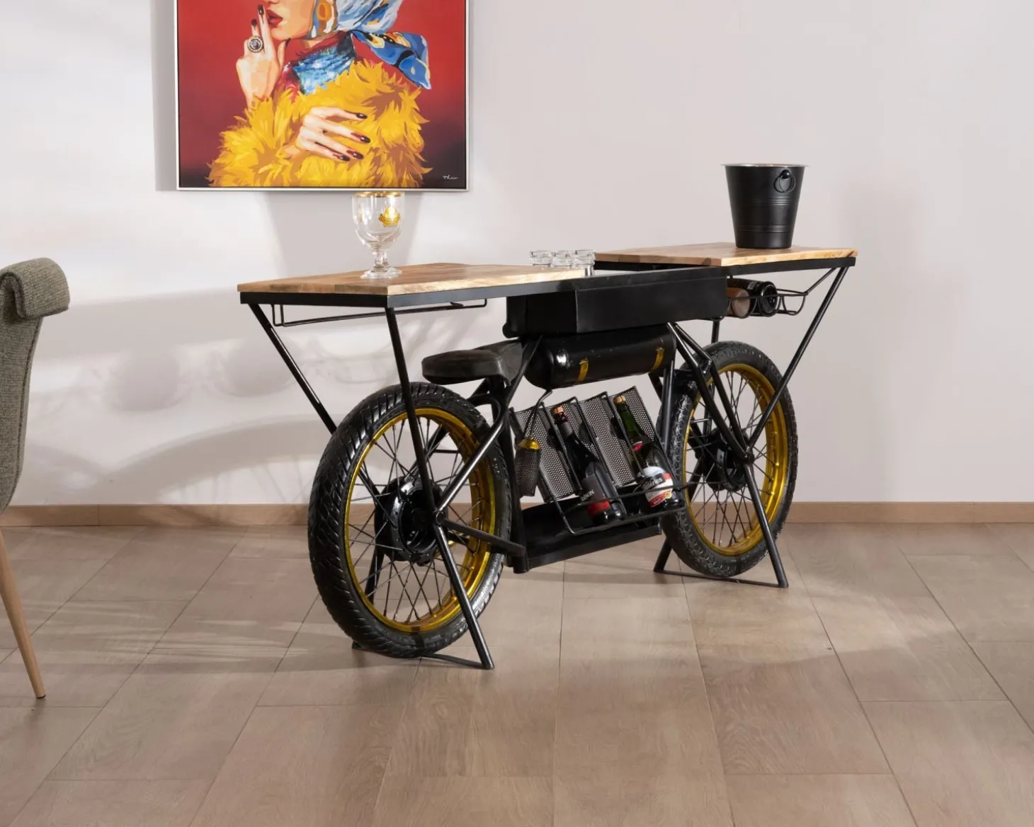 Console moto vintage ultra originale bois et métal noir "Crazy"