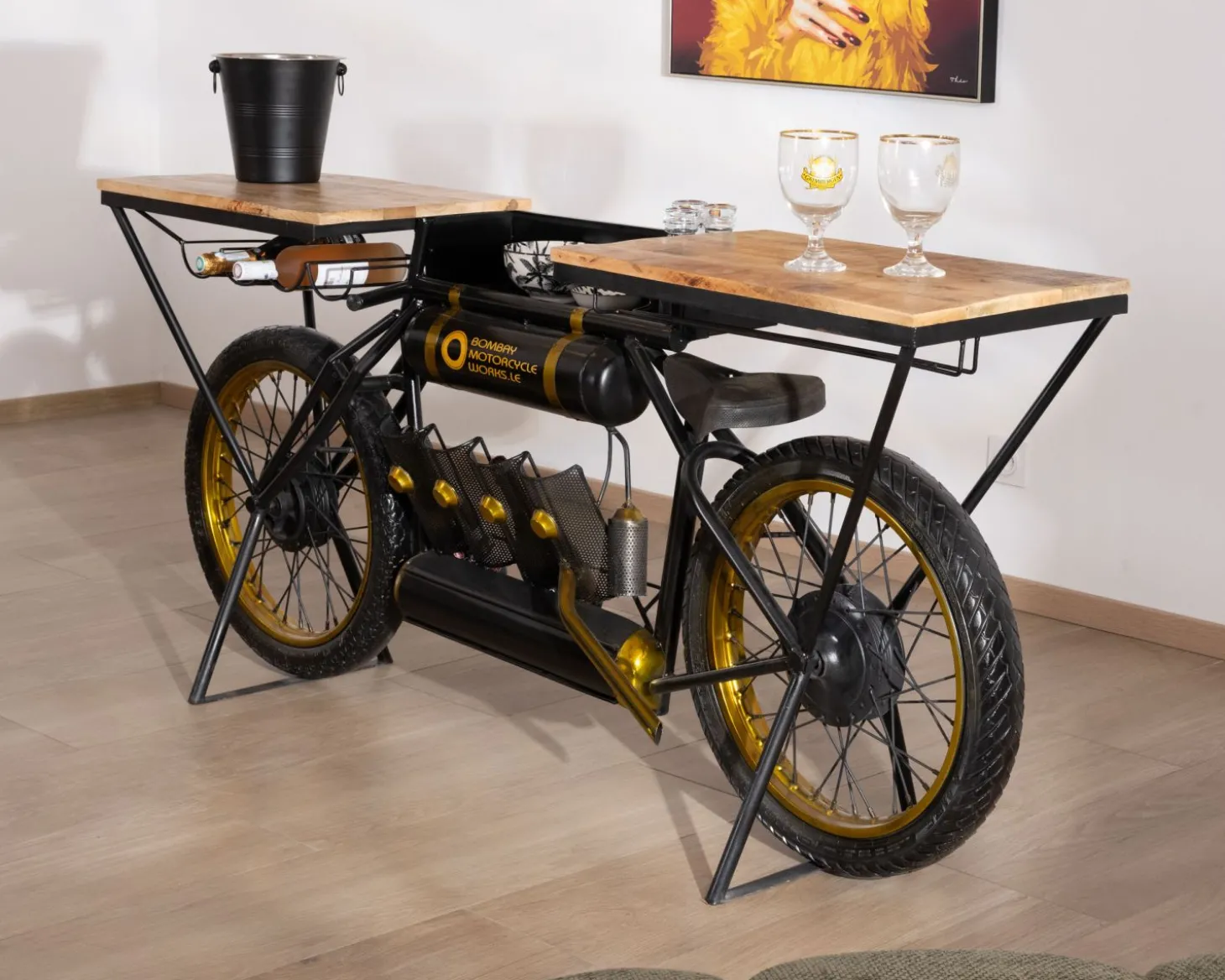 Console moto vintage ultra originale bois et métal noir "Crazy"