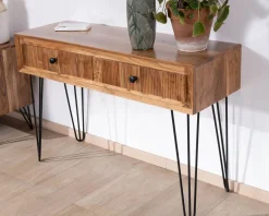 Console vintage en acacia et pieds métal "Wendy" avec façades gaufrées