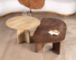 Duo de tables basses en manguier naturel et marron finition sablée 