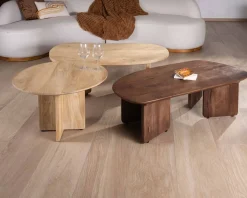 Duo de tables basses en manguier naturel et marron finition sablée 