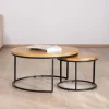 Duo de tables basses gigognes "Calypso" en métal et plateaux en bois