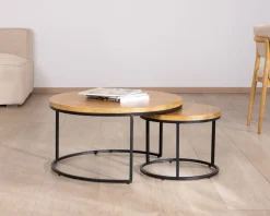 Duo de tables basses gigognes "Calypso" en métal et plateaux en bois