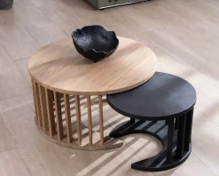 Duo de tables basses rondes en manguier sablé marron et noir 