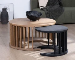 Duo de tables basses rondes en manguier sablé marron et noir 