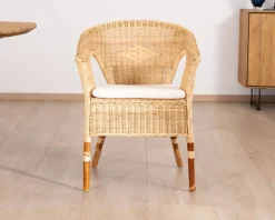 Elégant petit fauteuil en rotin tressé avec assise tissu