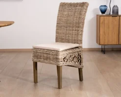 Elégante chaise de repas en rotin tressé avec galette d'assise en tissu 