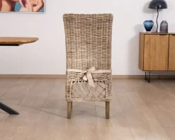 Elégante chaise de repas en rotin tressé avec galette d'assise en tissu 