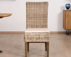Elégante chaise de repas en rotin tressé avec galette d'assise en tissu 