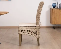 Elégante chaise de repas en rotin tressé avec galette d'assise en tissu 