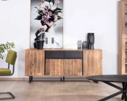 Enfilade 175cm en acacia avec 2 tiroirs et pieds métal noirs "Bennett"