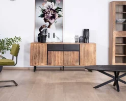 Enfilade 175cm en acacia avec 2 tiroirs et pieds métal noirs "Bennett"