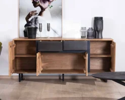 Enfilade 175cm en acacia avec 2 tiroirs et pieds métal noirs 