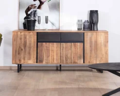 Enfilade 175cm en acacia avec 2 tiroirs et pieds métal noirs 
