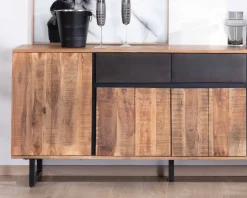 Enfilade 175cm en acacia avec 2 tiroirs et pieds métal noirs 
