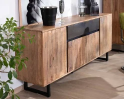 Enfilade 175cm en acacia avec 2 tiroirs et pieds métal noirs 
