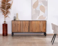Enfilade contemporaine 4 portes en teck naturel et métal noir 