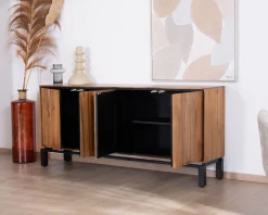 Enfilade contemporaine 4 portes en teck naturel et métal noir 