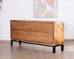 Enfilade contemporaine 4 portes en teck naturel et métal noir 