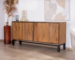 Enfilade contemporaine 4 portes en teck naturel et métal noir 