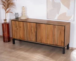 Enfilade contemporaine 4 portes en teck naturel et métal noir 