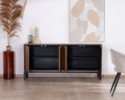 Enfilade contemporaine 4 portes en teck naturel et métal noir 