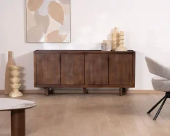 Enfilade esprit rétro chic 4 portes 180 cm en manguier massif teinte noyer 