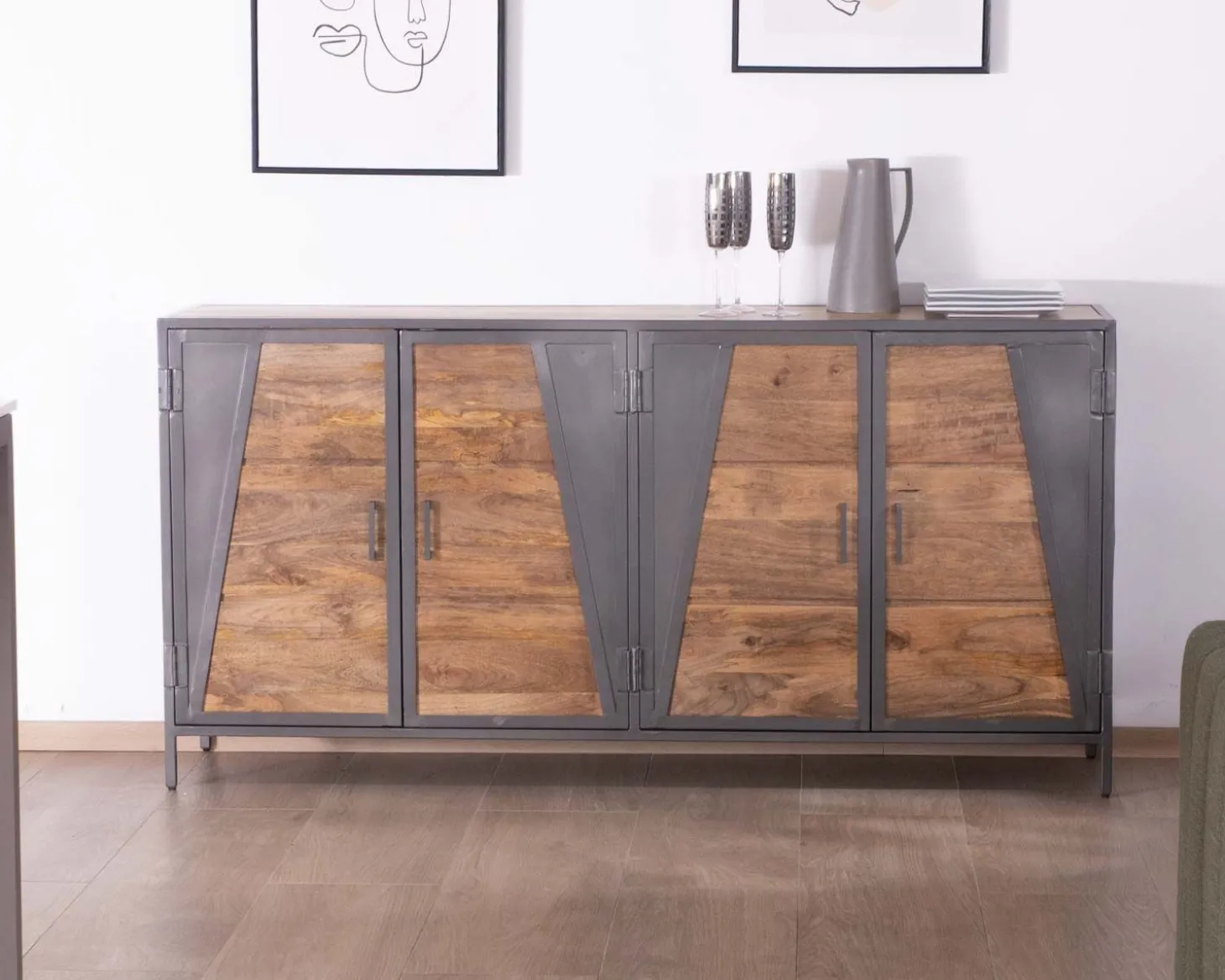 Enfilade industrielle métal gris et bois de manguier "Vista"