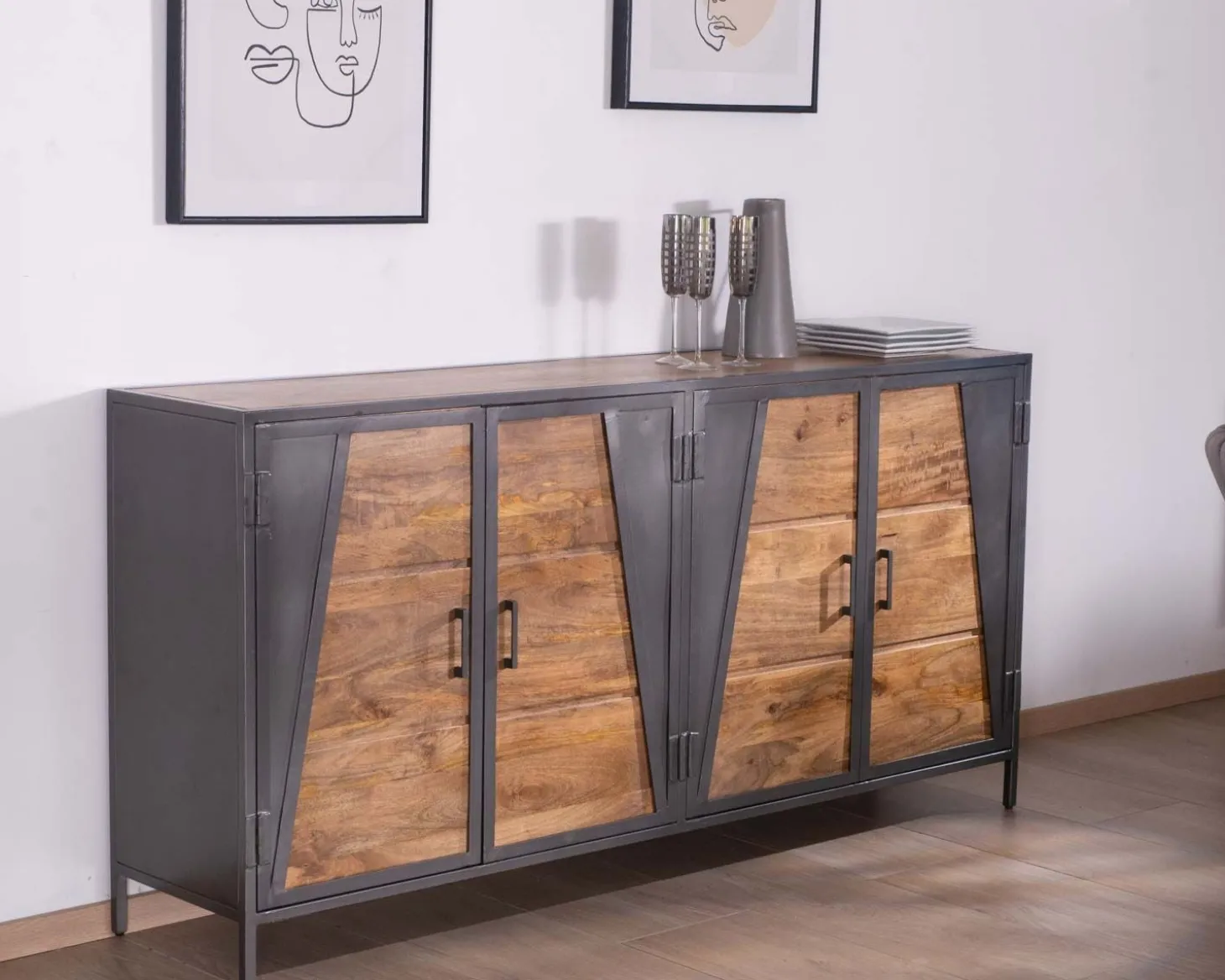 Enfilade industrielle métal gris et bois de manguier "Vista"
