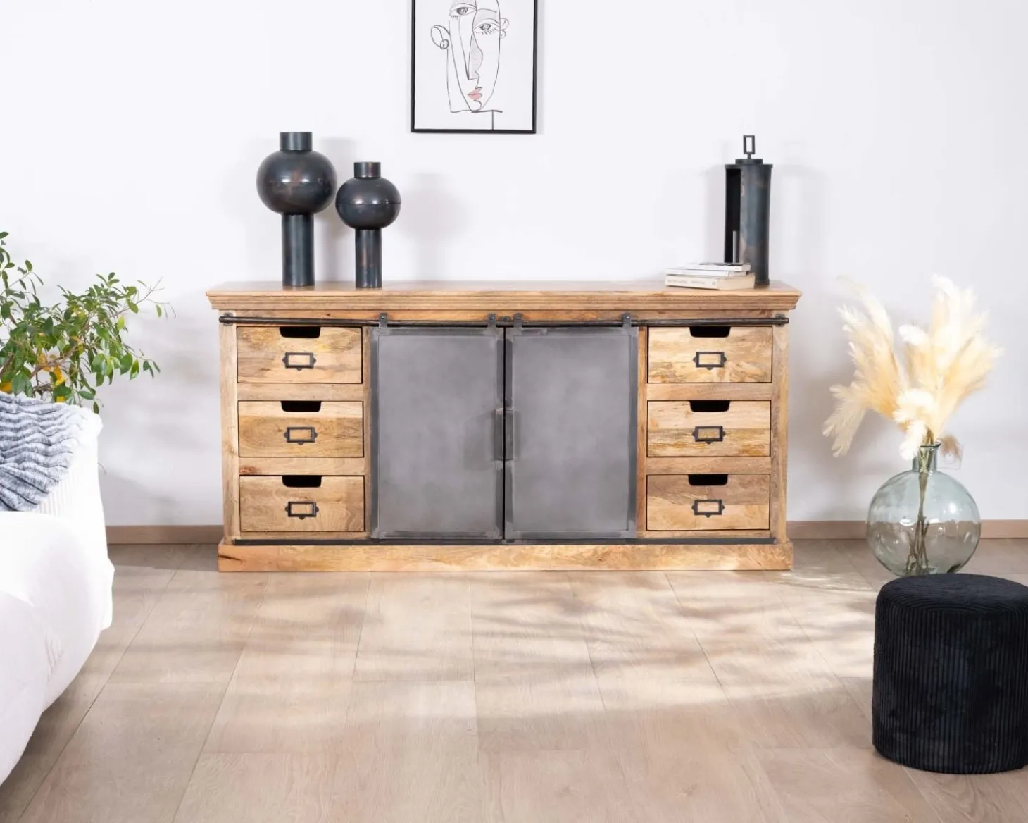Enfilade style factory en bois massif et métal "Haden"