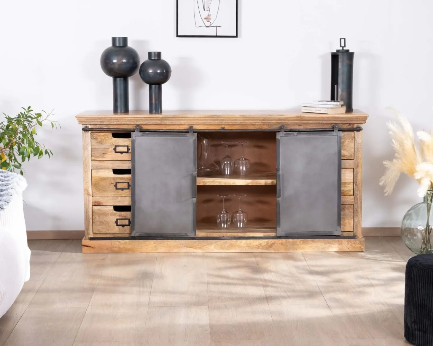Enfilade style factory en bois massif et métal "Haden"