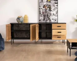 Enfilade style newtro en frêne massif "Sydney" avec rangements et tiroirs