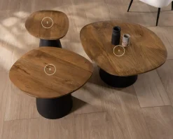 Ensemble de 3 tables basses en bois et métal formes galets naturels "Daun"