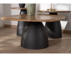 Ensemble de 3 tables basses en bois et métal formes galets naturels 