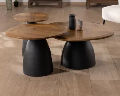 Ensemble de 3 tables basses en bois et métal formes galets naturels 